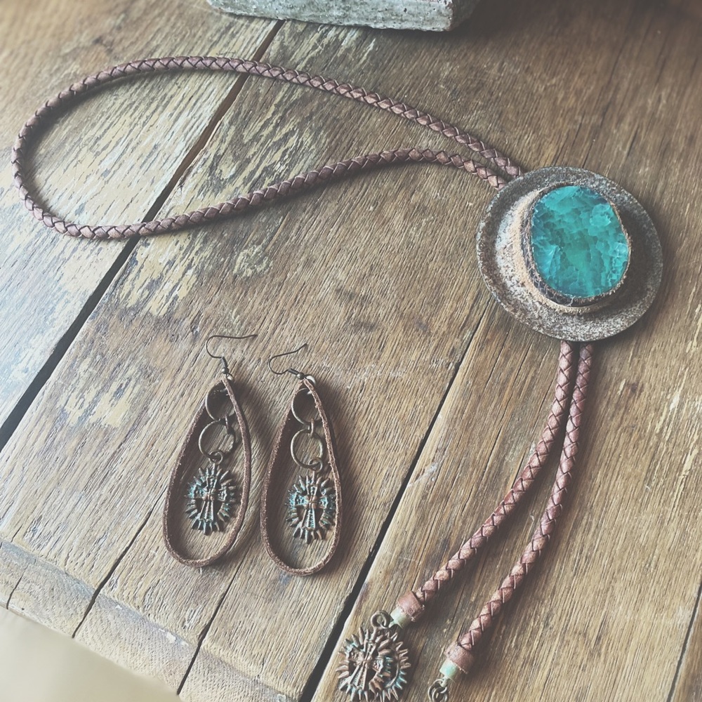 OOAK Artisan Necklace Fire Agate Bolo Two Piece